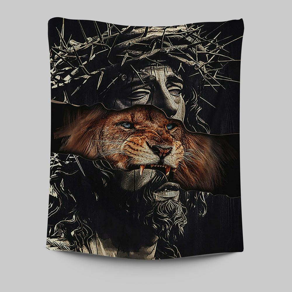 Jesus Crown Of Thorn And Lion Tapestry - Christian Wall Art - Religious Home Decor