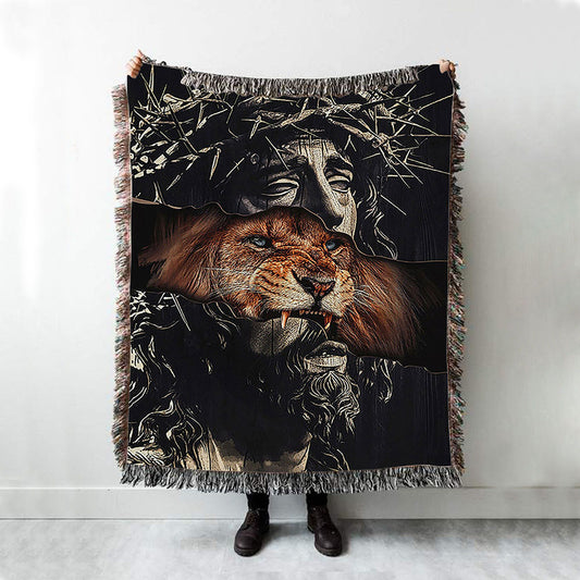 Jesus Crown Of Thorn And Lion Woven Blanket - Christian Throw Blanket - Religious Home Decor