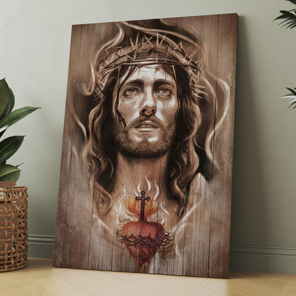 Jesus Crown Of Thorns Heart Cross Canvas, Christmas Gift for Christian