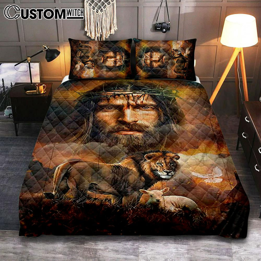 Jesus Crown Of Thorns Lion Lamb Holy Spirit Dove Bedroom Quilt Bedding Set - Jesus Portrait Quilt Bedding Set Prints - Christian Bedroom