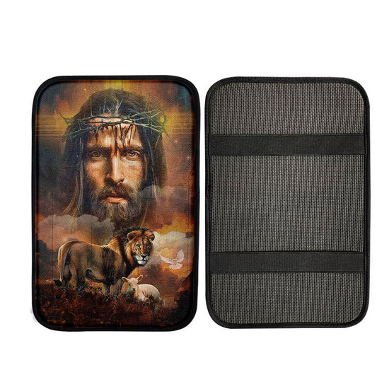 Jesus Crown Of Thorns Lion Lamb Holy Spirit Dove Car Center Console Cover, Christ Car Armrest Accessories