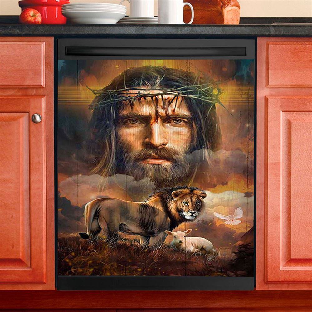 Jesus Crown Of Thorns Lion Lamb Holy Spirit Dove Dishwasher Cover, Jesus Portrait Dishwasher Stickers, Christian Kitchen Decor
