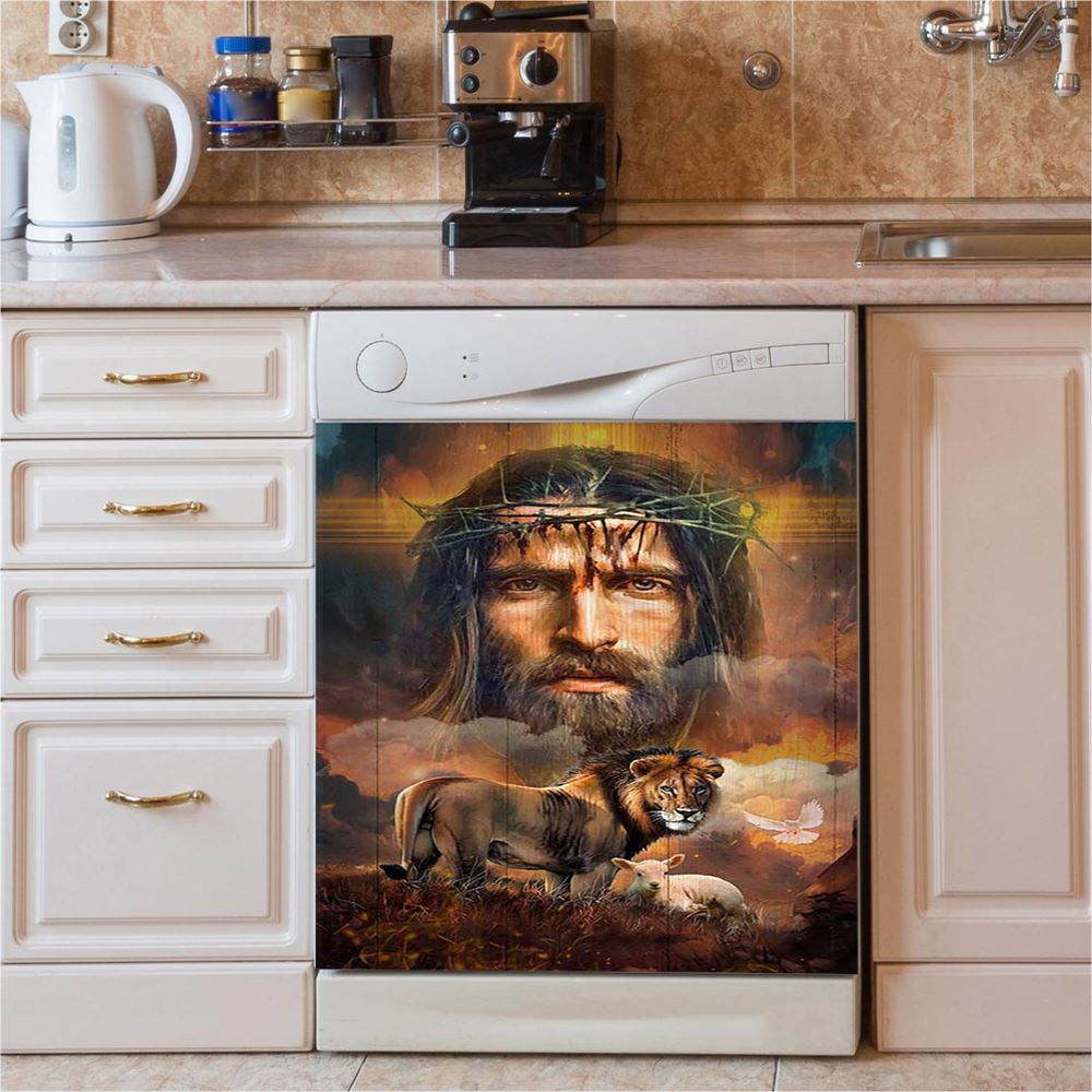 Jesus Crown Of Thorns Lion Lamb Holy Spirit Dove Dishwasher Cover, Jesus Portrait Dishwasher Stickers, Christian Kitchen Decor