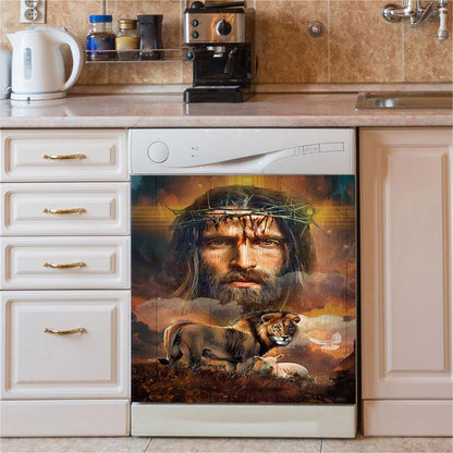 Jesus Crown Of Thorns Lion Lamb Holy Spirit Dove Dishwasher Cover, Jesus Portrait Dishwasher Stickers, Christian Kitchen Decor