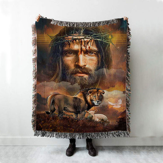 Jesus Crown Of Thorns Lion Lamb Holy Spirit Dove Throw Blanket Woven Blanket - Jesus Portrait Woven Blanket Prints - Christian Throw Blanket