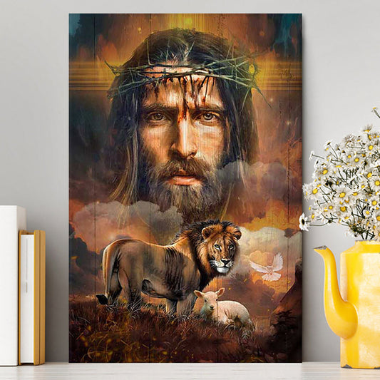 Jesus Crown Of Thorns Lion Lamb Holy Spirit Dove Wall Art Canvas - Jesus Portrait Canvas Prints - Christian Wall Art