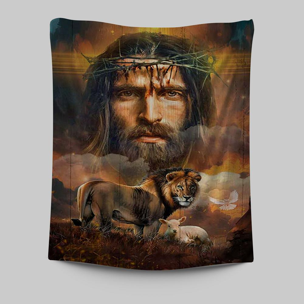 Jesus Crown Of Thorns Lion Lamb Holy Spirit Dove Wall Art Tapestry - Jesus Portrait Tapestry Prints - Christian Wall Art
