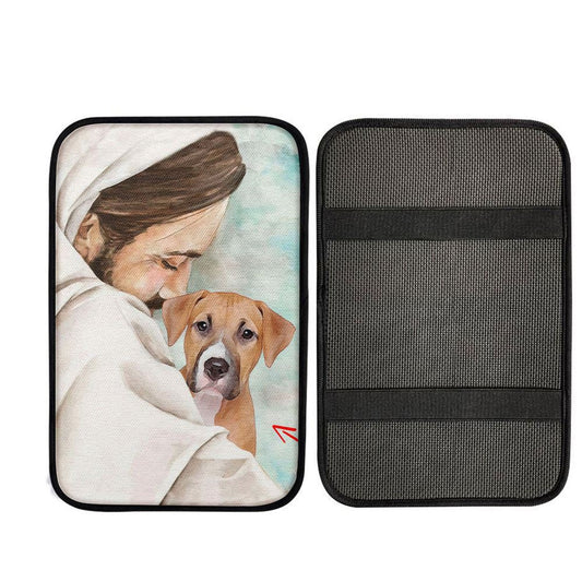 Jesus & Dog Memorial Car Center Console Cover - Gift For Someone Who Lost A Pet, Cross Car Interior Accessories