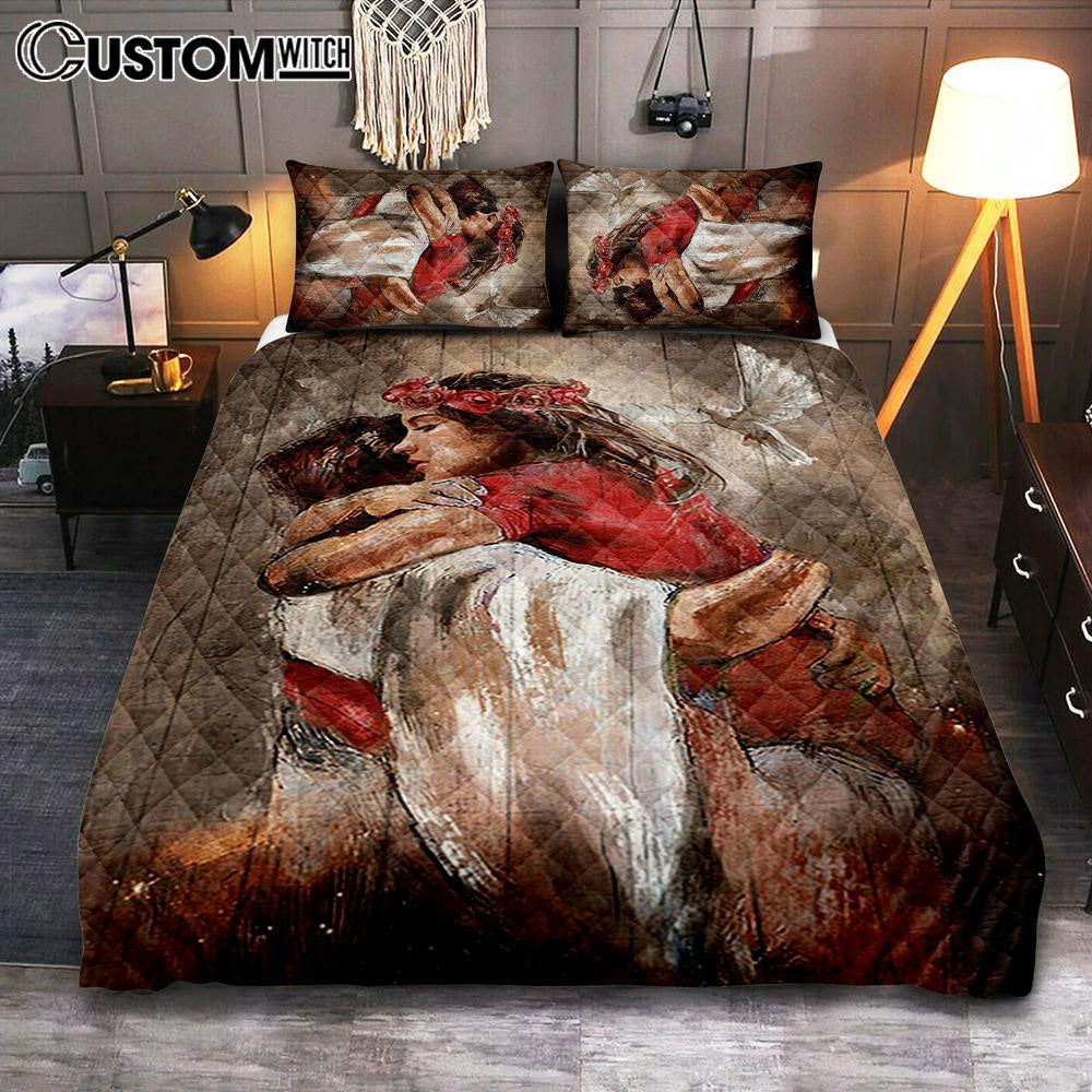 Jesus Dove A Warming Hug Quilt Bedding Set - Christian Bedroom - Religious Home Decor