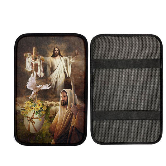 Jesus Dove Cross Yellow Flower Car Center Console Cover, Christ Car Armrest Accessories