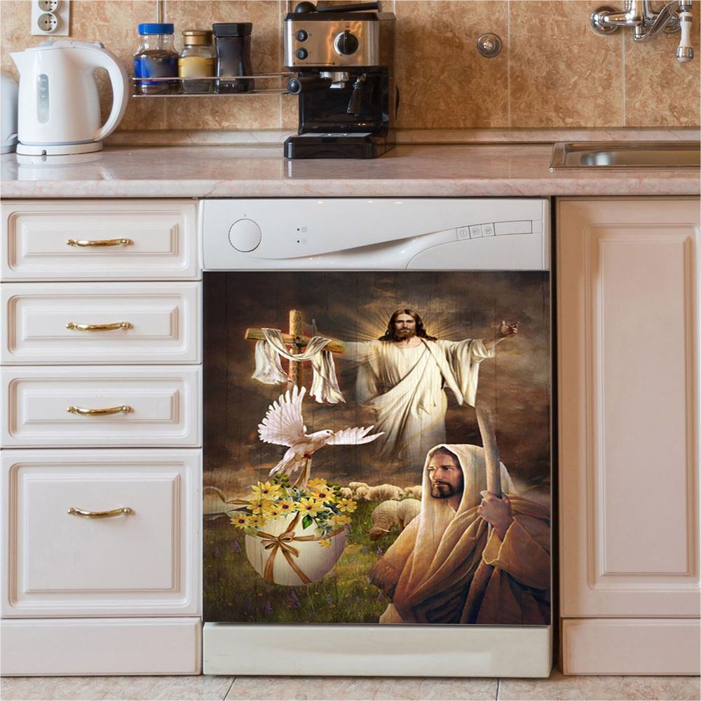 Jesus Dove Cross Yellow Flower Dishwasher Cover, Jesus Portrait Dishwasher Stickers, Christian Kitchen Decor