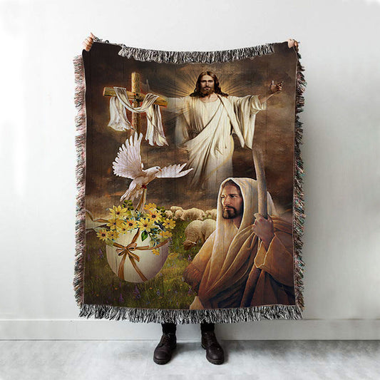 Jesus Dove Cross Yellow Flower Throw Blanket Woven Blanket - Jesus Portrait Woven Blanket Prints - Christian Throw Blanket