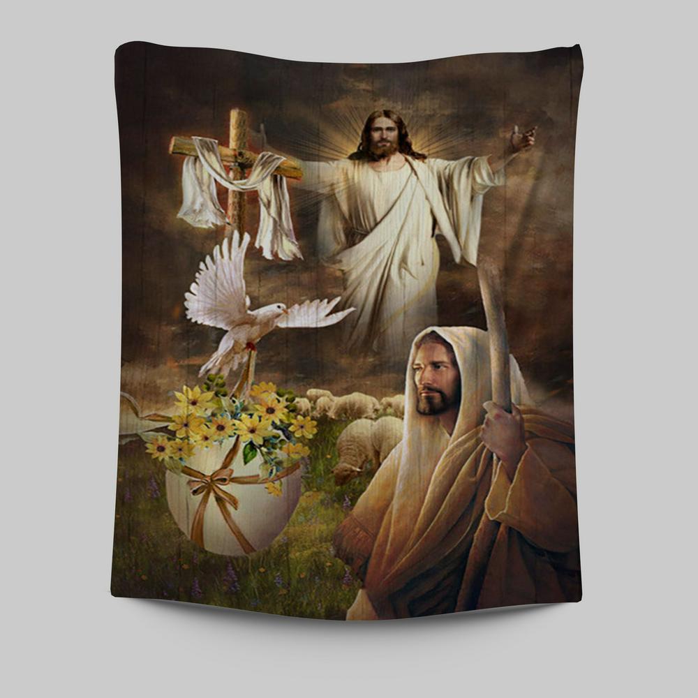 Jesus Dove Cross Yellow Flower Wall Art Tapestry - Jesus Portrait Tapestry Prints - Christian Wall Art