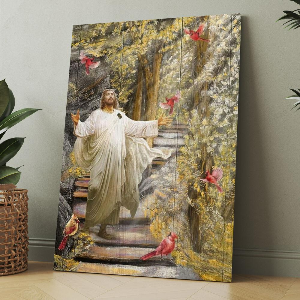 Jesus Drawing Cardinals Autumn Forest Canvas, Christmas Gift for Christian