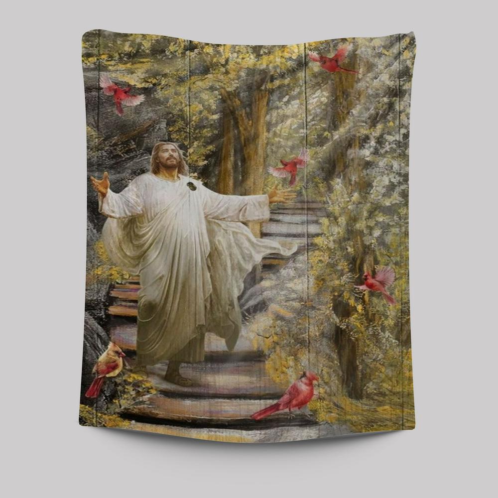 Jesus Drawing Cardinals Autumn Forest Tapestry