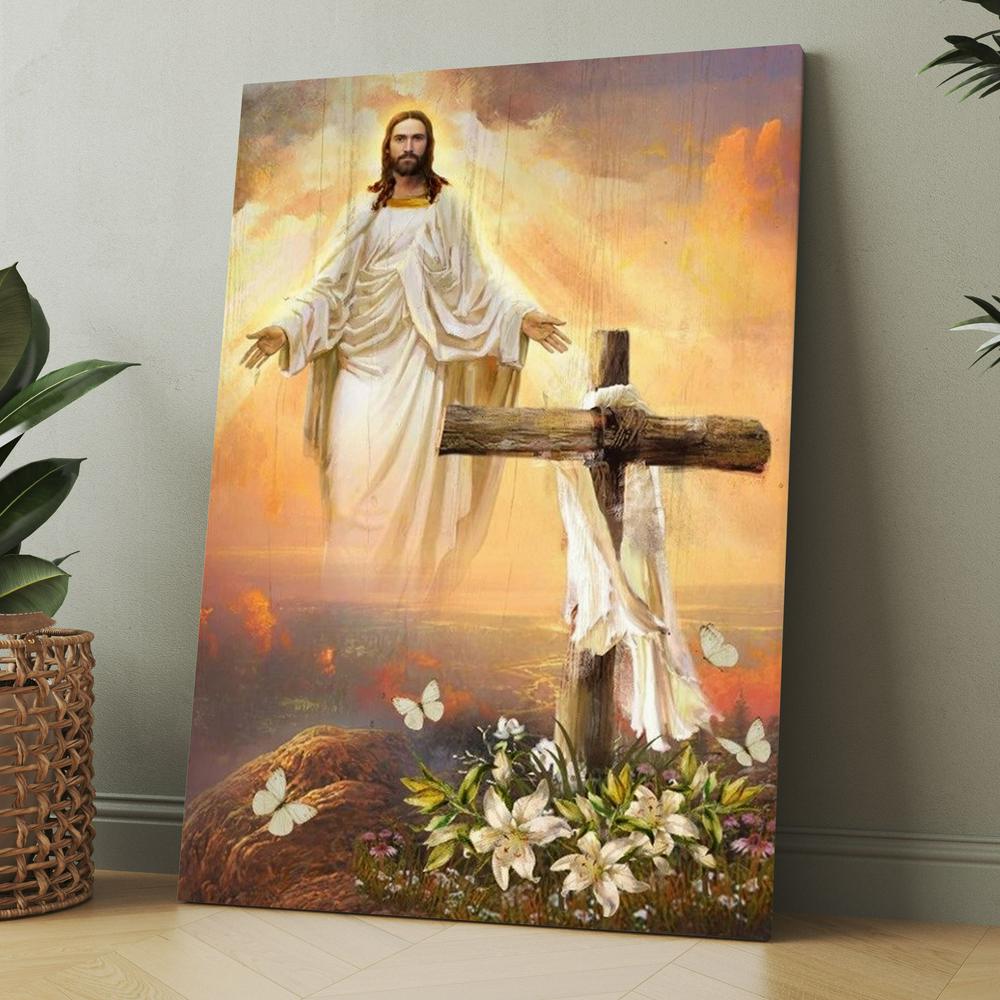 Jesus Drawing, Cross Symbol, Lily Flower, Sunset, In The Sky Canvas, Christmas Gift for Christian