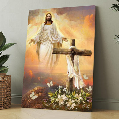 Jesus Drawing, Cross Symbol, Lily Flower, Sunset, In The Sky Canvas, Christmas Gift for Christian