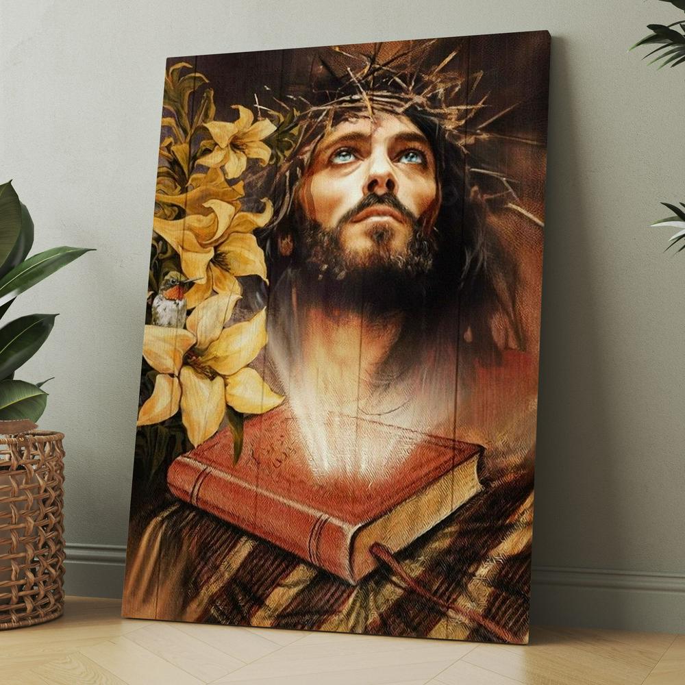 Jesus Drawing, Yellow Lily, Bible Canvas, Christmas Gift for Christian