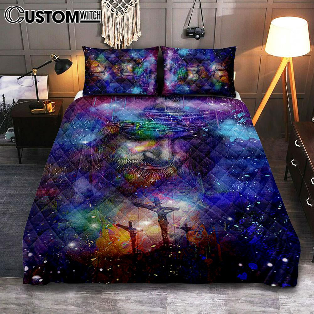 Jesus Face Crown Of Thorns Cross Bedroom Quilt Bedding Set - Jesus Portrait Quilt Bedding Set Prints - Christian Bedroom