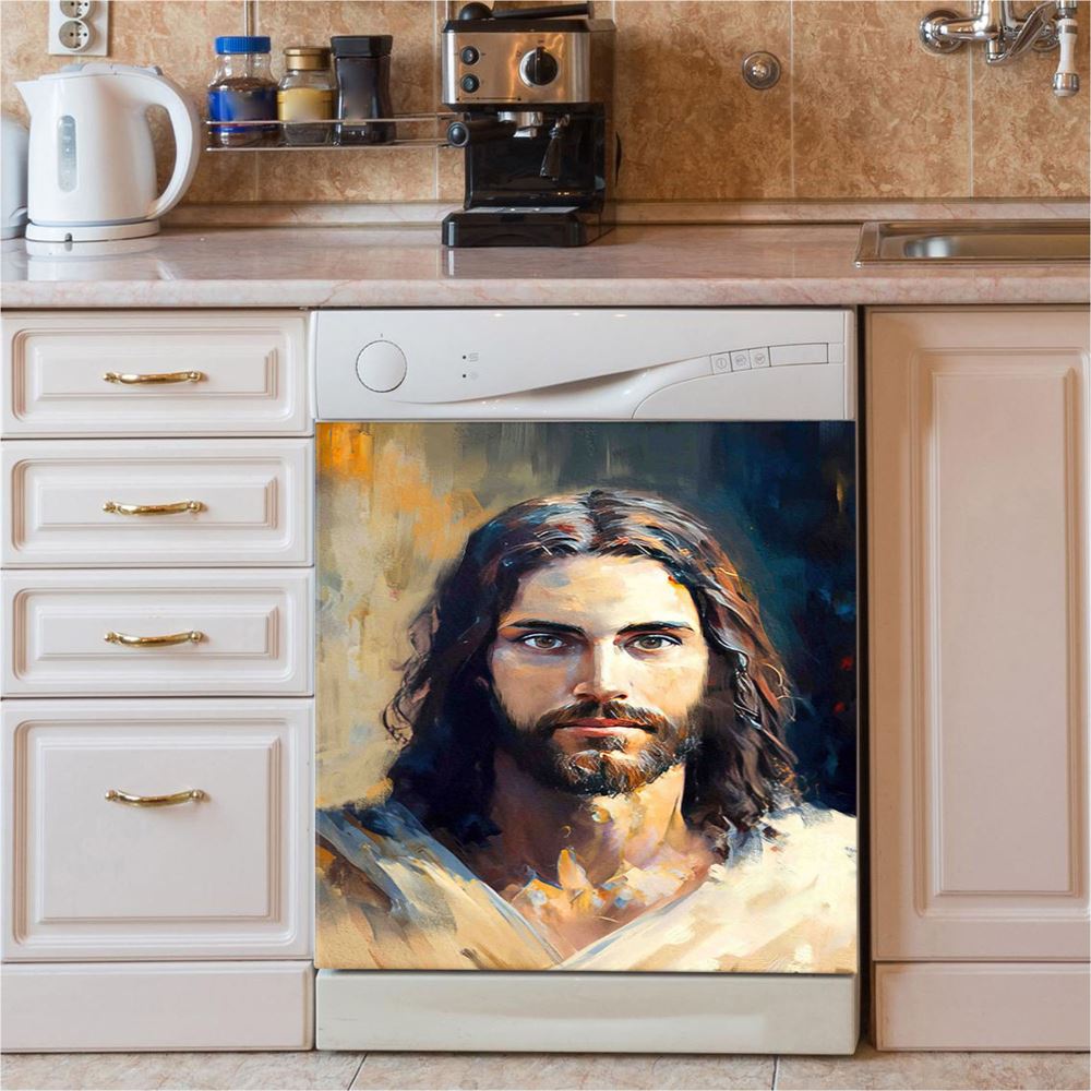 Jesus Face Crown Of Thorns Cross Dishwasher Cover, Jesus Portrait Dishwasher Stickers, Christian Kitchen Decor
