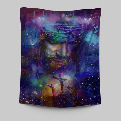 Jesus Face Crown Of Thorns Cross Wall Art Tapestry - Jesus Portrait Tapestry Prints - Christian Wall Art