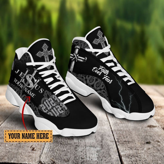 Jesus Faith Over Fear Black Pattern Custom Name Jd13 Shoes For Man And Women, Christian Basketball Shoes, Gifts For Christian, God Shoes