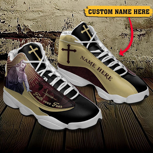Jesus Faith Over Fear God Figure Custom Name Jd13 Shoes For Man And Women, Christian Basketball Shoes, Gifts For Christian, God Shoes