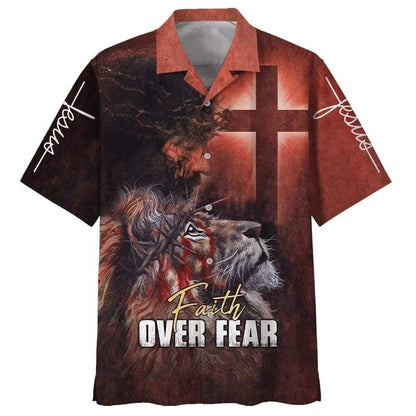 Jesus Faith Over Fear Lion Cross Christian Faith US Flag Hawaiian Shirt For Men, Christian Hawaiian Shirt, Gift For Christian