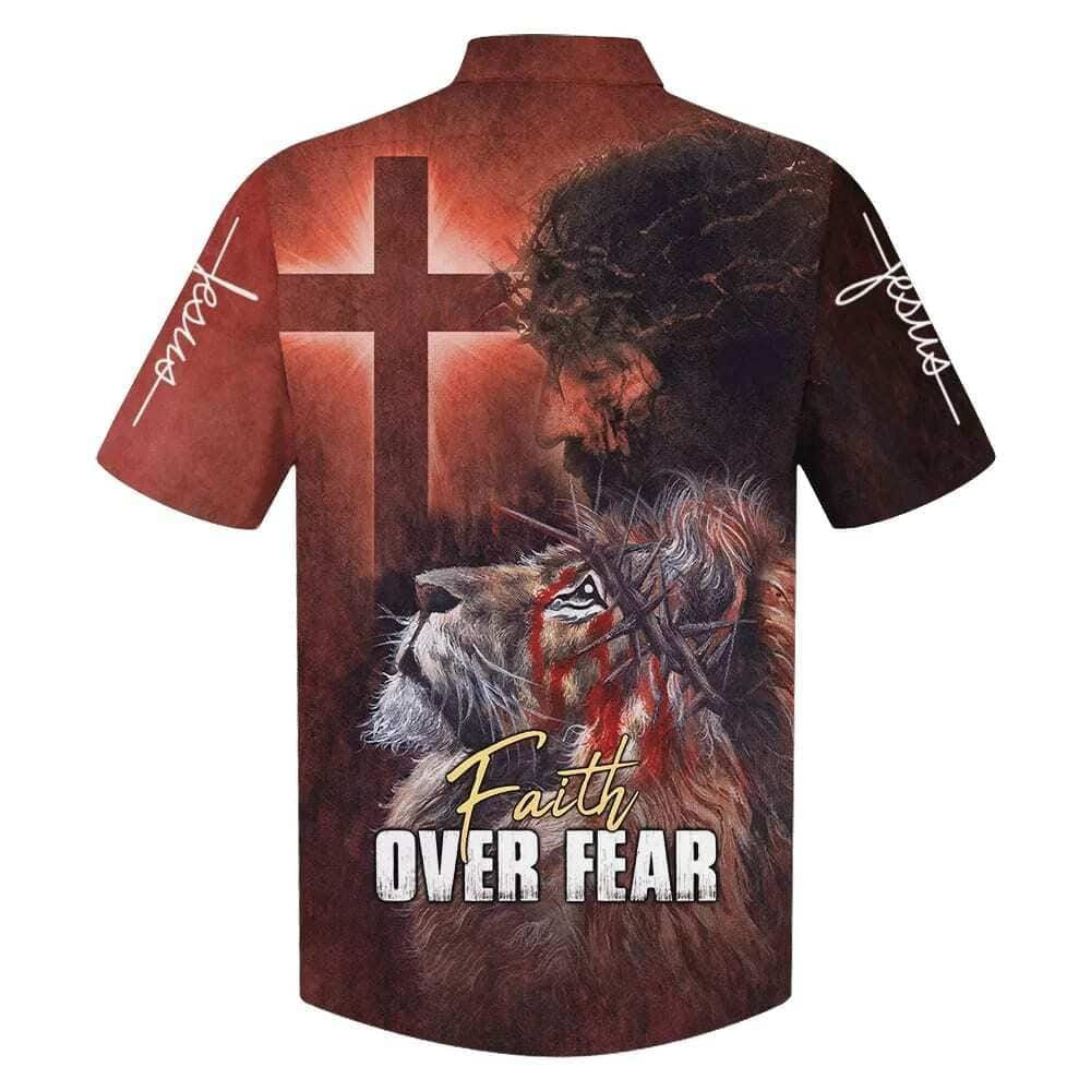 Jesus Faith Over Fear Lion Cross Christian Faith US Flag Hawaiian Shirt For Men, Christian Hawaiian Shirt, Gift For Christian