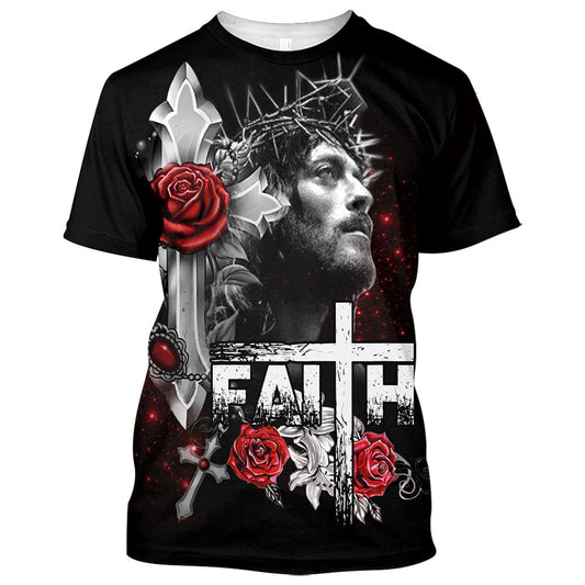 Jesus Faith Roses Cross All Over Print 3D T-Shirt, Gift For Christian, Jesus Shirt