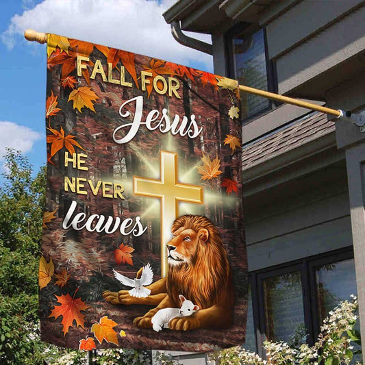 Jesus Flag Fall For Jesus He Never Leaves God Lamp Lion, Outdoor Christian House Flag, Christian Flag, Scripture Flag, Garden Banner
