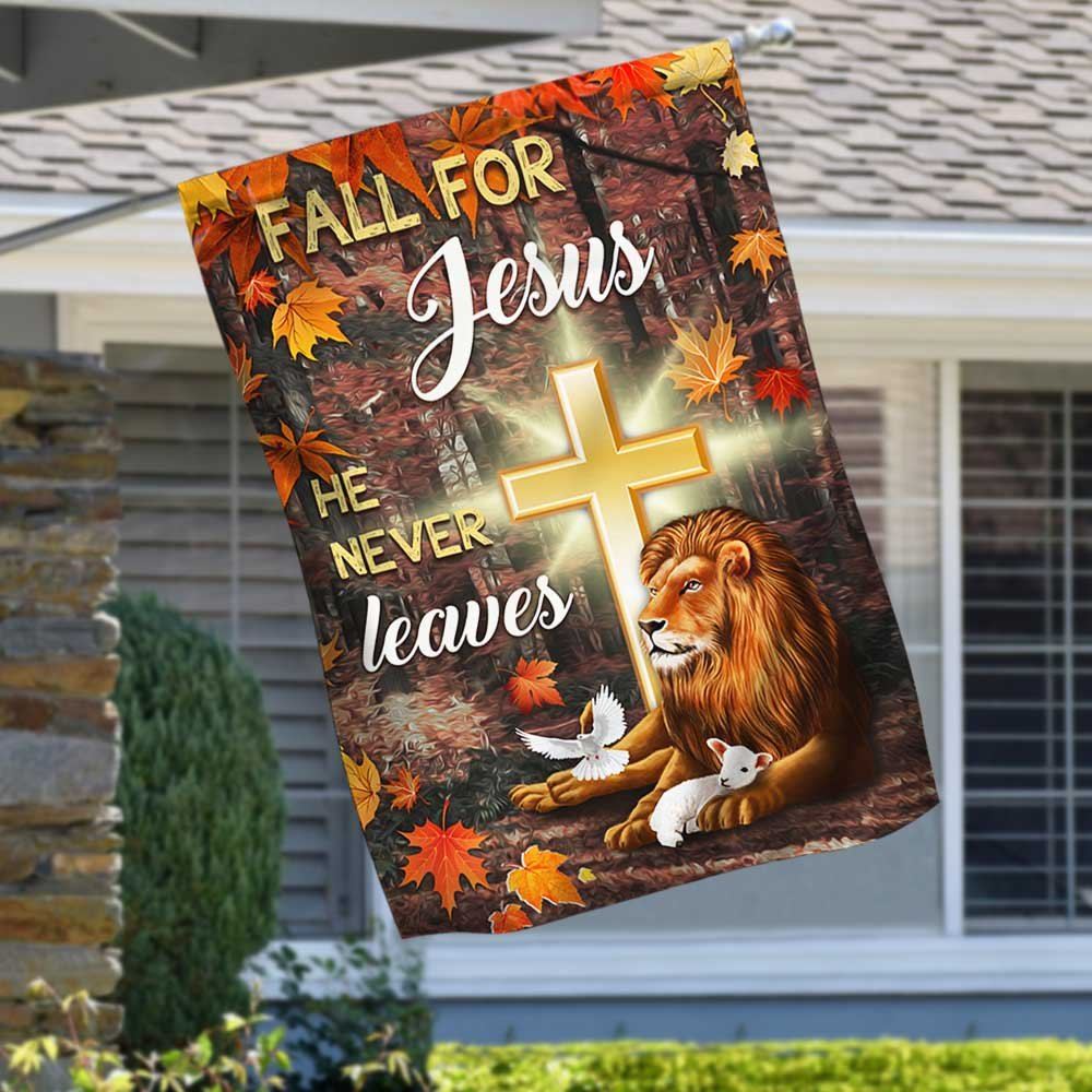 Jesus Flag Fall For Jesus He Never Leaves God Lamp Lion, Outdoor Christian House Flag, Christian Flag, Scripture Flag, Garden Banner
