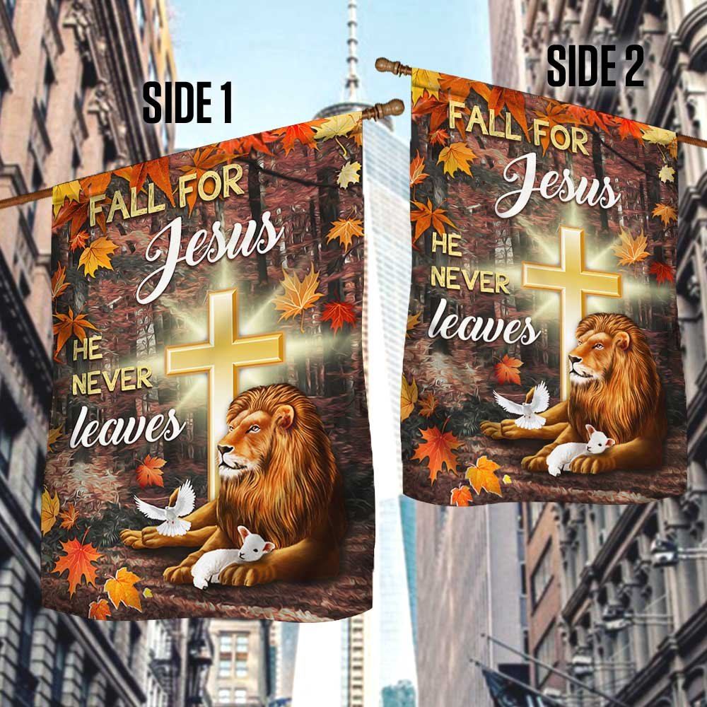 Jesus Flag Fall For Jesus He Never Leaves God Lamp Lion, Outdoor Christian House Flag, Christian Flag, Scripture Flag, Garden Banner