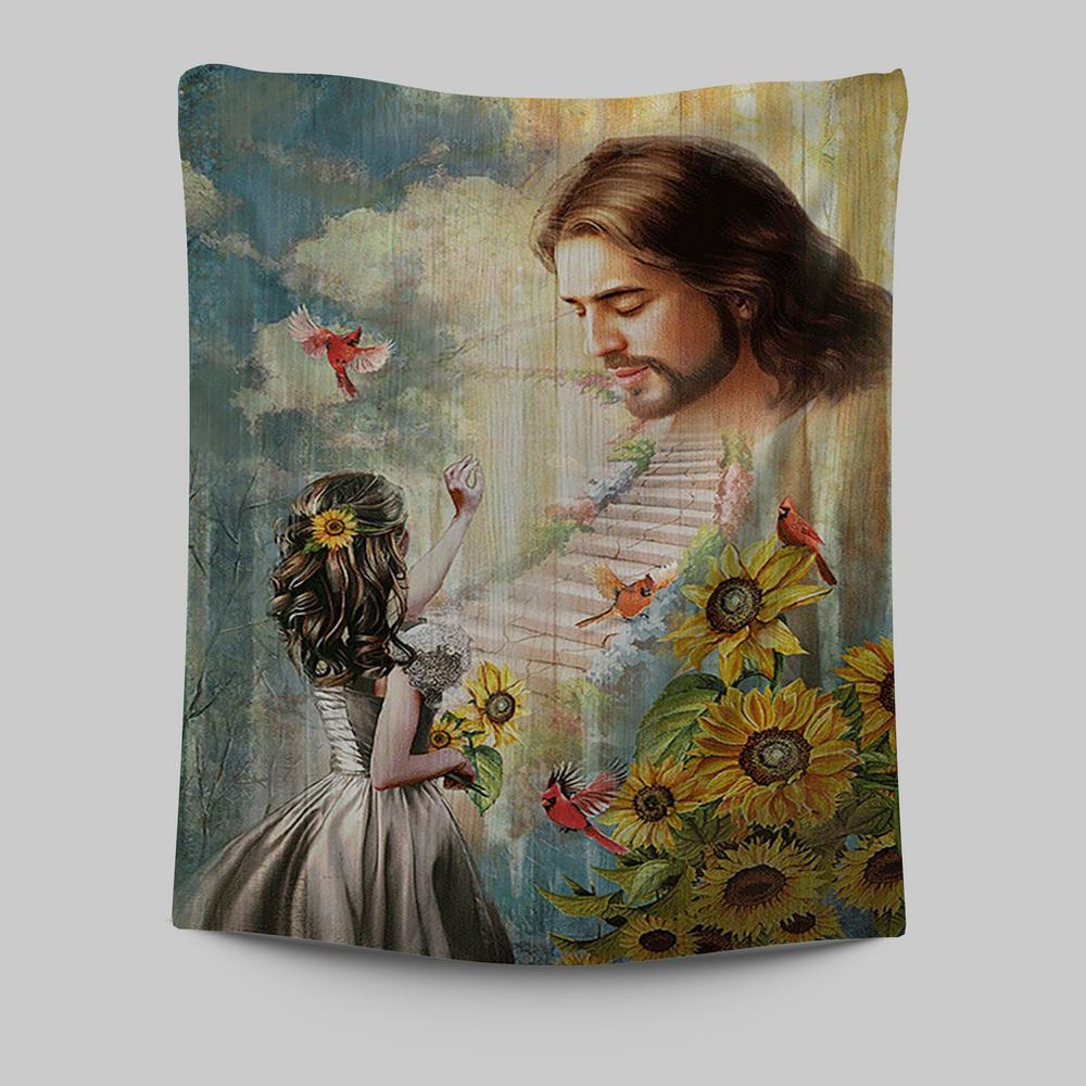 Jesus Girl And Path To Heaven Tapestry - Christian Wall Art - Religious Home Decor