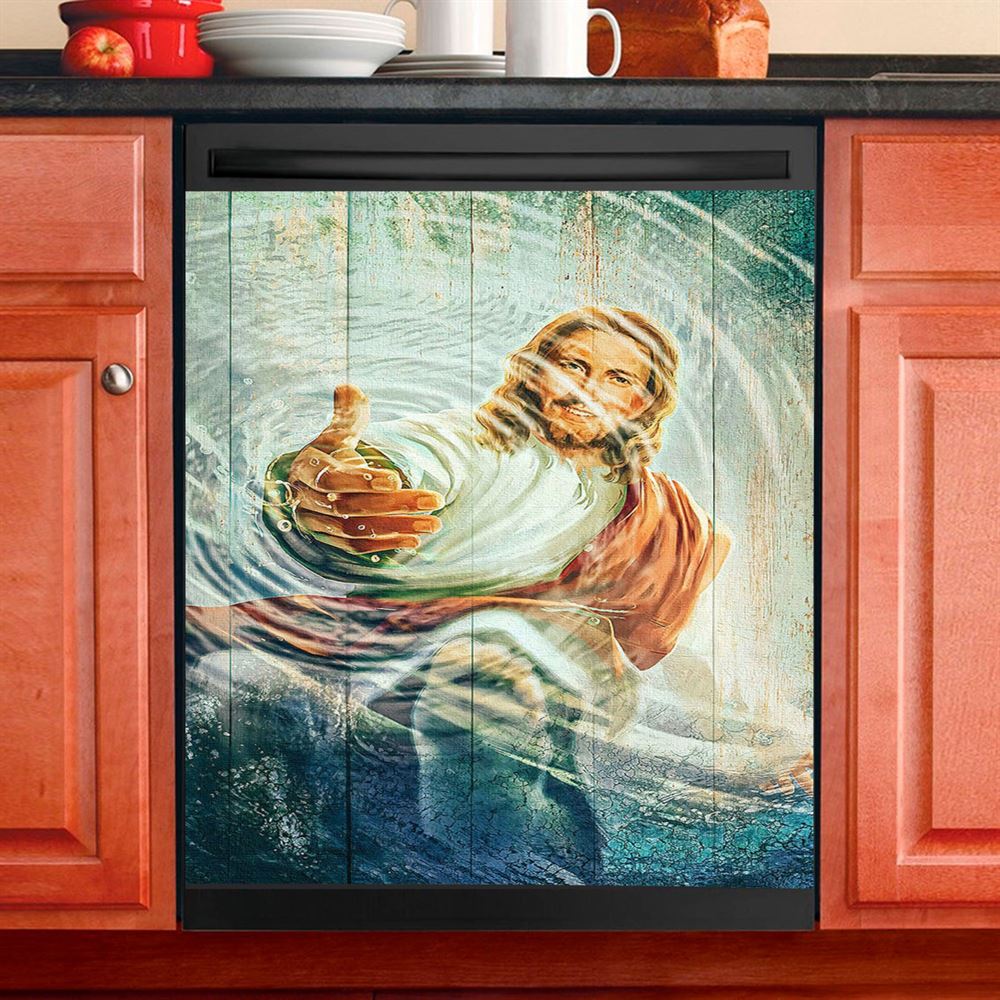 Jesus Gives Hand Under Water Dishwasher Cover, Jesus Dishwasher Stickers, Christian Kitchen Decor