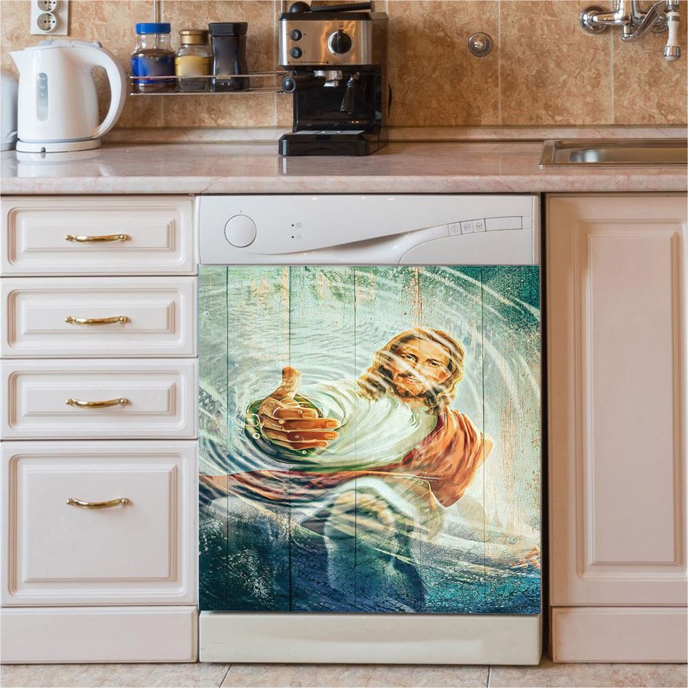 Jesus Gives Hand Under Water Dishwasher Cover, Jesus Dishwasher Stickers, Christian Kitchen Decor