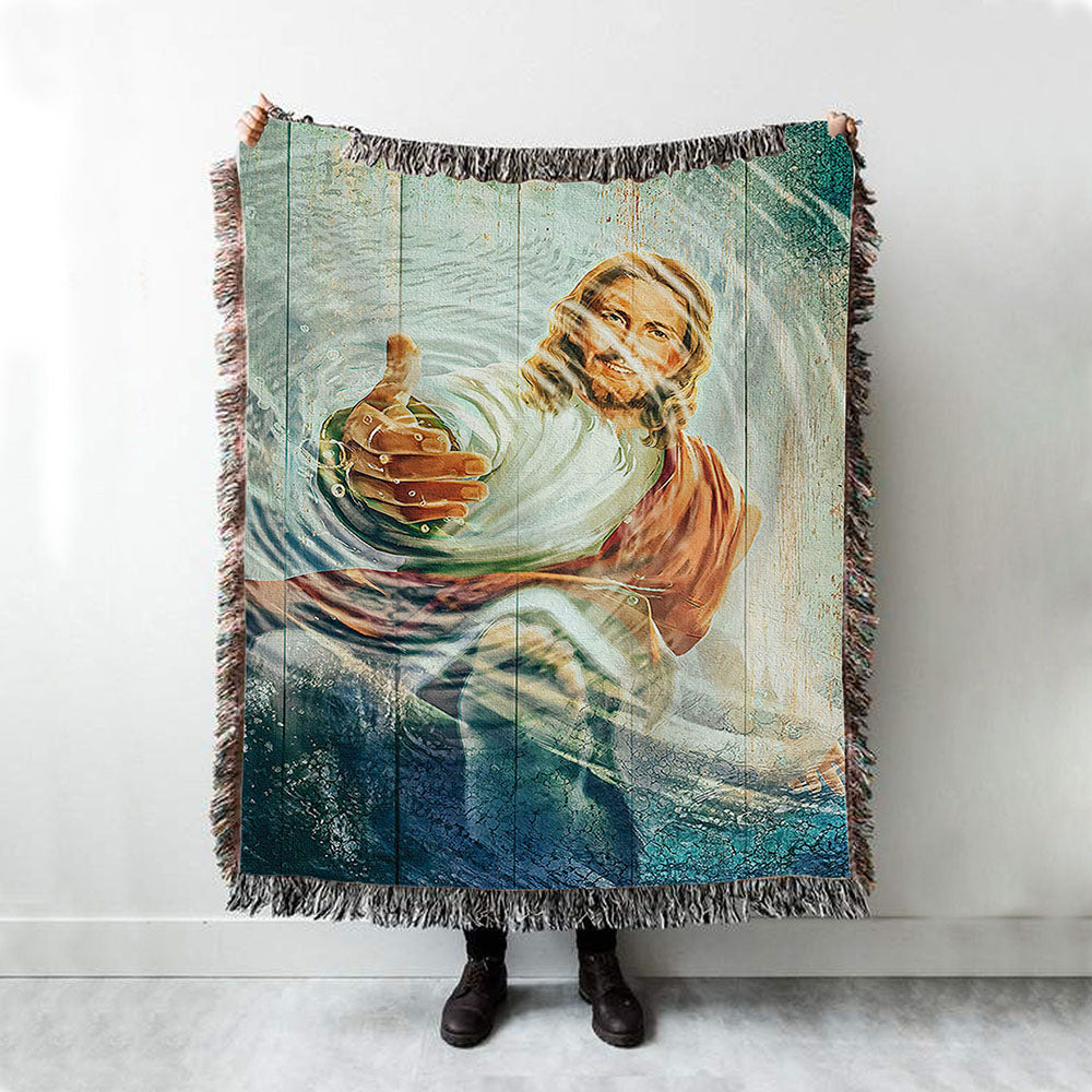 Jesus Gives Hand Under Water Woven Throw Blanket - Jesus Woven Blanket Pictures - Christian Woven Throw Blanket