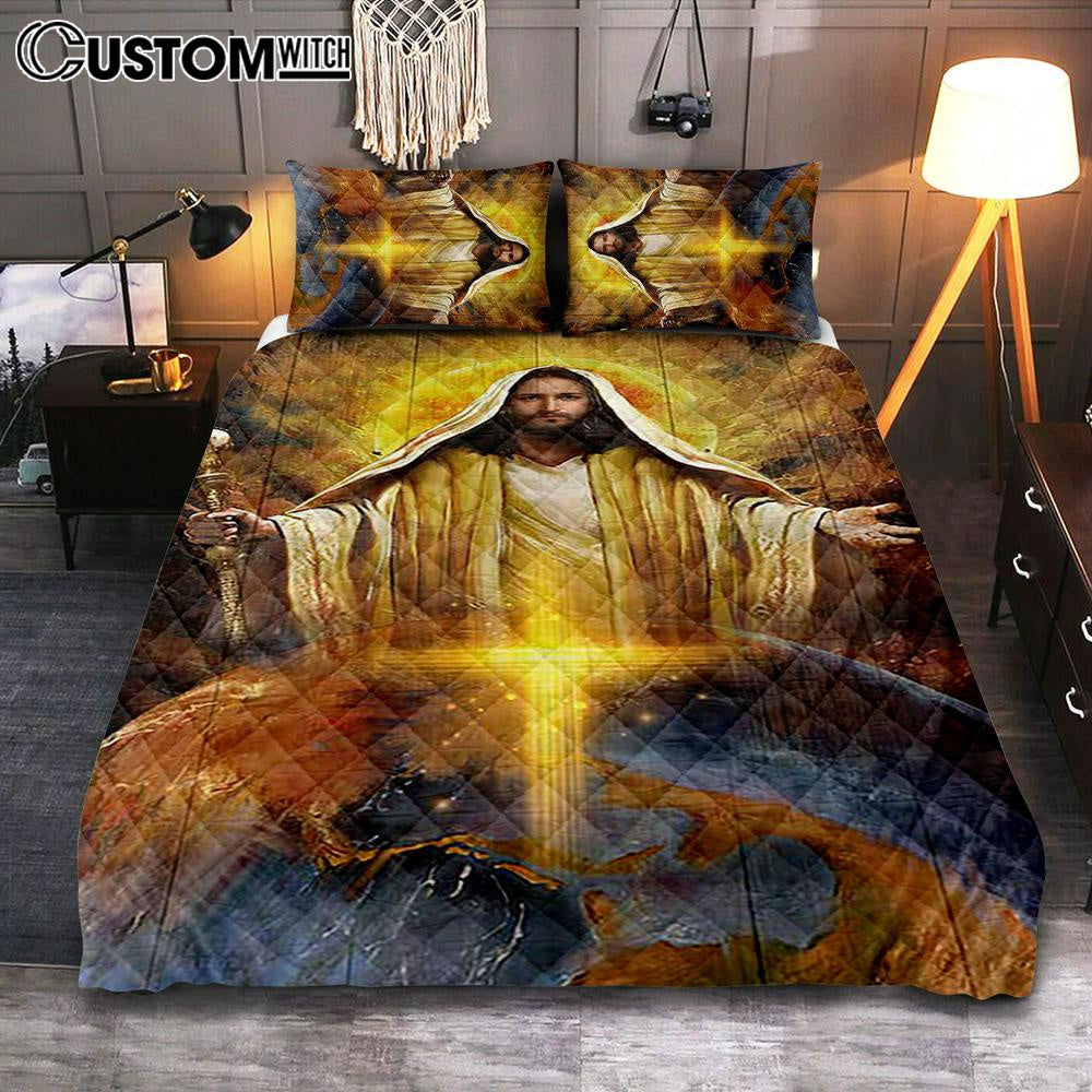 Jesus Got The Whole World In His Hands Bedroom Quilt Bedding Set - Jesus Portrait Quilt Bedding Set Prints - Christian Bedroom