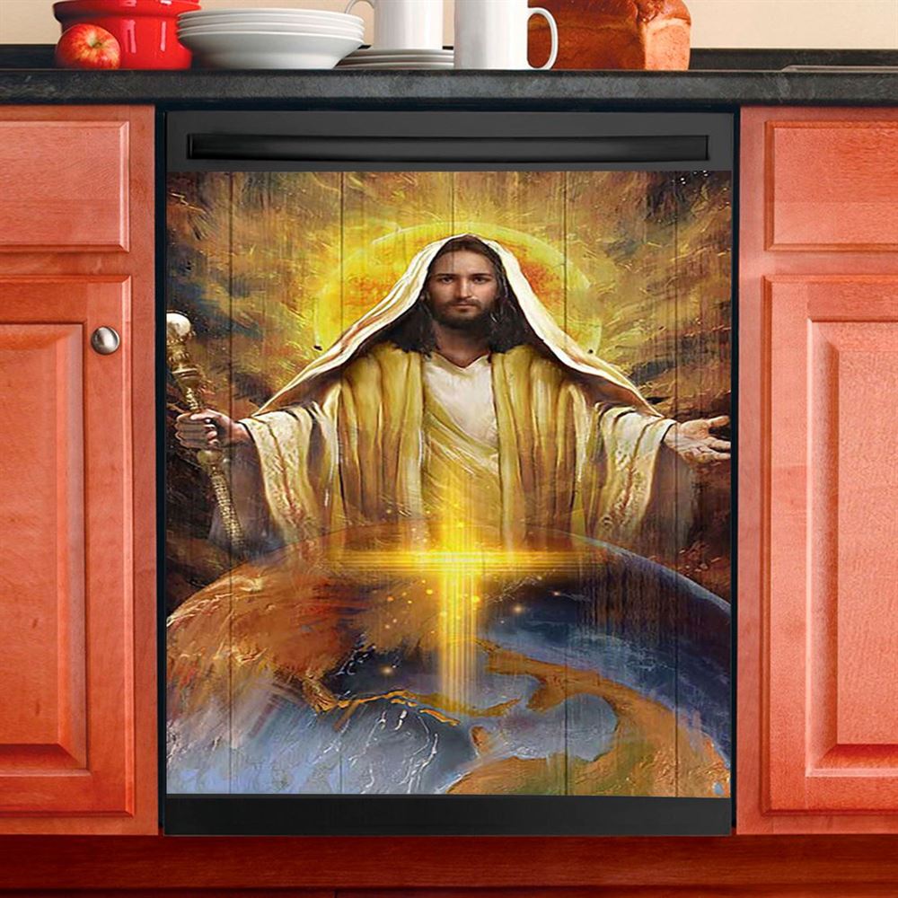 Jesus Got The Whole World In His Hands Dishwasher Cover, Jesus Portrait Dishwasher Stickers, Christian Kitchen Decor
