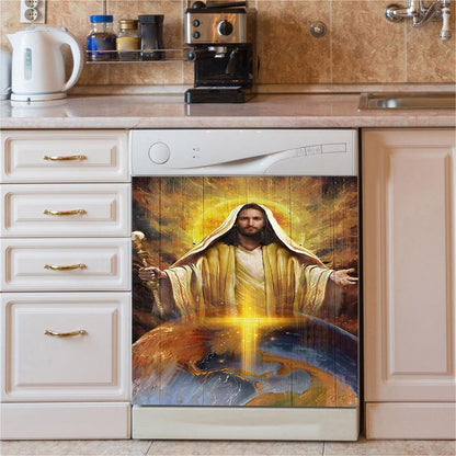 Jesus Got The Whole World In His Hands Dishwasher Cover, Jesus Portrait Dishwasher Stickers, Christian Kitchen Decor