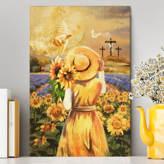 Jesus Hand Beautiful Girl Sunflower Field Cross Canvas Prints - Jesus Christ Canvas Art - Christian Wall Decor