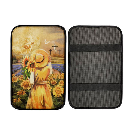 Jesus Hand Beautiful Girl Sunflower Field Cross Car Center Console Cover, God Car Armrest Accessories