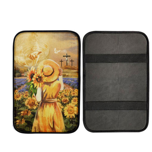 Jesus Hand Beautiful Girl Sunflower Field Cross Car Center Console Cover, God Car Armrest Accessories