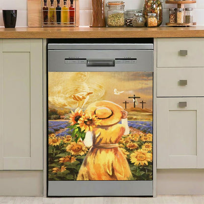 Jesus Hand Beautiful Girl Sunflower Field Cross Dishwasher Cover, Jesus Christ Dishwasher Stickers, Christian Kitchen Decor