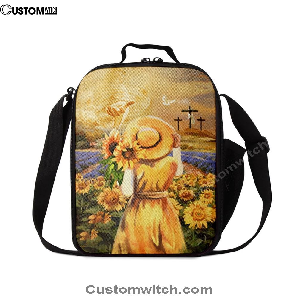 Jesus Hand Beautiful Girl Sunflower Field Cross Lunch Bag, Christian Lunch Box For School, Picnic