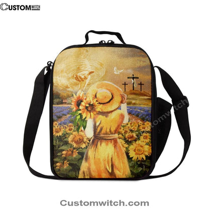 Jesus Hand Beautiful Girl Sunflower Field Cross Lunch Bag, Christian Lunch Box For School, Picnic