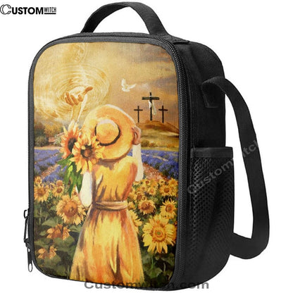 Jesus Hand Beautiful Girl Sunflower Field Cross Lunch Bag, Christian Lunch Box For School, Picnic
