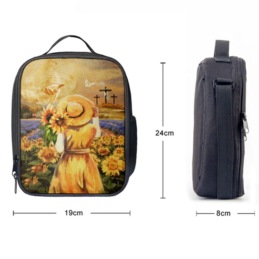 Jesus Hand Beautiful Girl Sunflower Field Cross Lunch Bag, Christian Lunch Box For School, Picnic