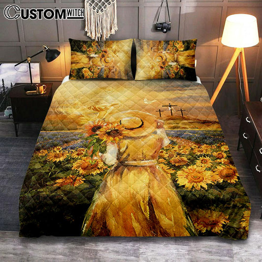 Jesus Hand Beautiful Girl Sunflower Field Cross Quilt Bedding Set Bedroom - Christian Quilt Bedding Set Prints - Bible Verse Quilt Bedding Set Art