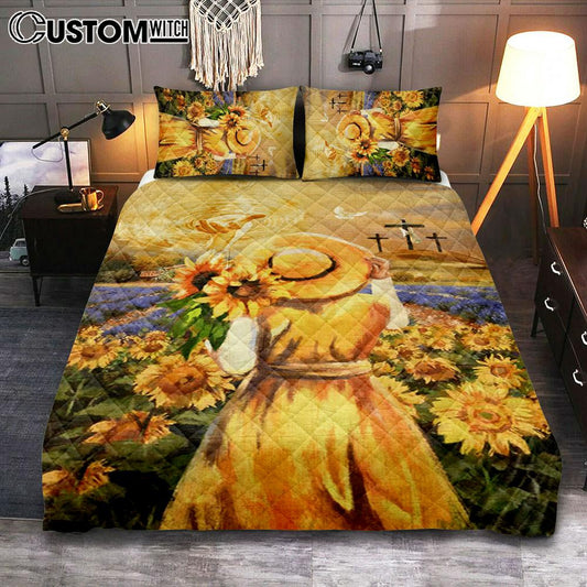 Jesus Hand Beautiful Girl Sunflower Field Cross Quilt Bedding Set Prints - Jesus Christ Quilt Bedding Set Art - Christian Cover Twin Bedding Decor